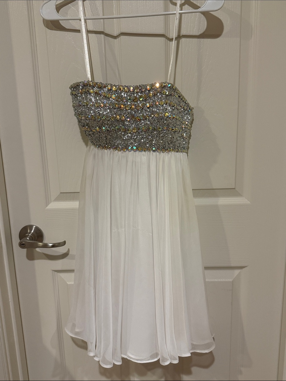 La Femme White Chiffon Mini Dress with Beaded Silver Bodice